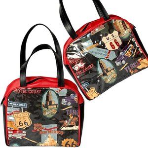 90s Retro Atenti red and black Route 66 vinyl top handle satchel handbag.